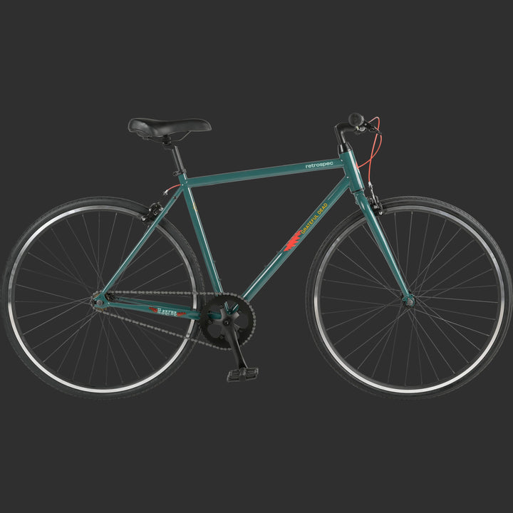 A green Grateful Dead Harper Fixie Single Speed Step Over Bicycle with a minimalist design, featuring a black seat, black handlebars, and iconic Grateful Dead artwork such as "Steal Your Face", a red lightening bolt, and red roses, on the sleek frame.